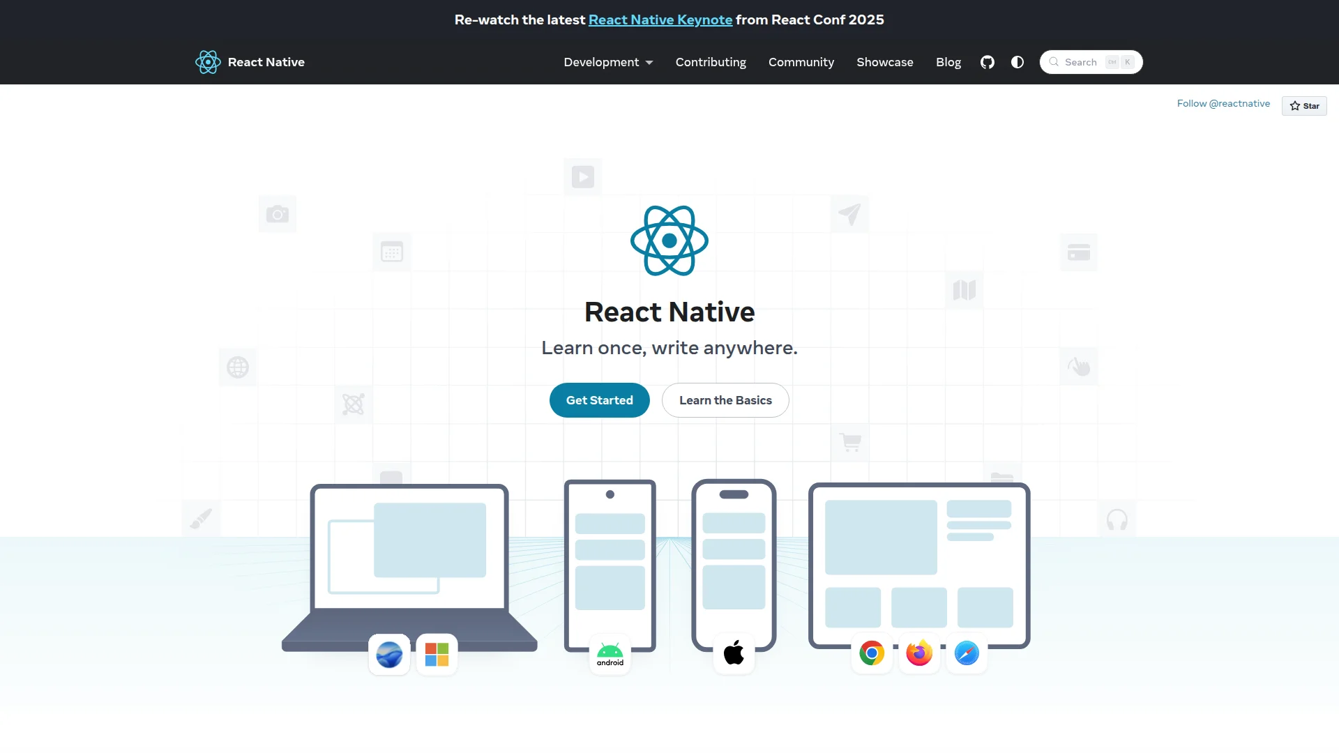React Native homepage showing cross-platform mobile development framework