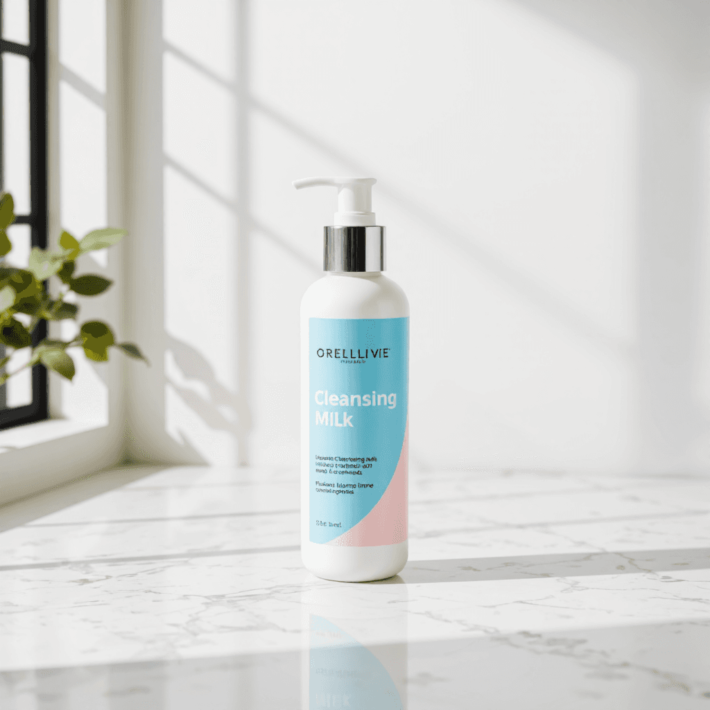 product photography of a bottle of cleansing milk