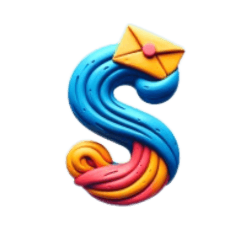 Colorful stylized letter "S" with a layered design featuring a yellow envelope and flowing shapes.