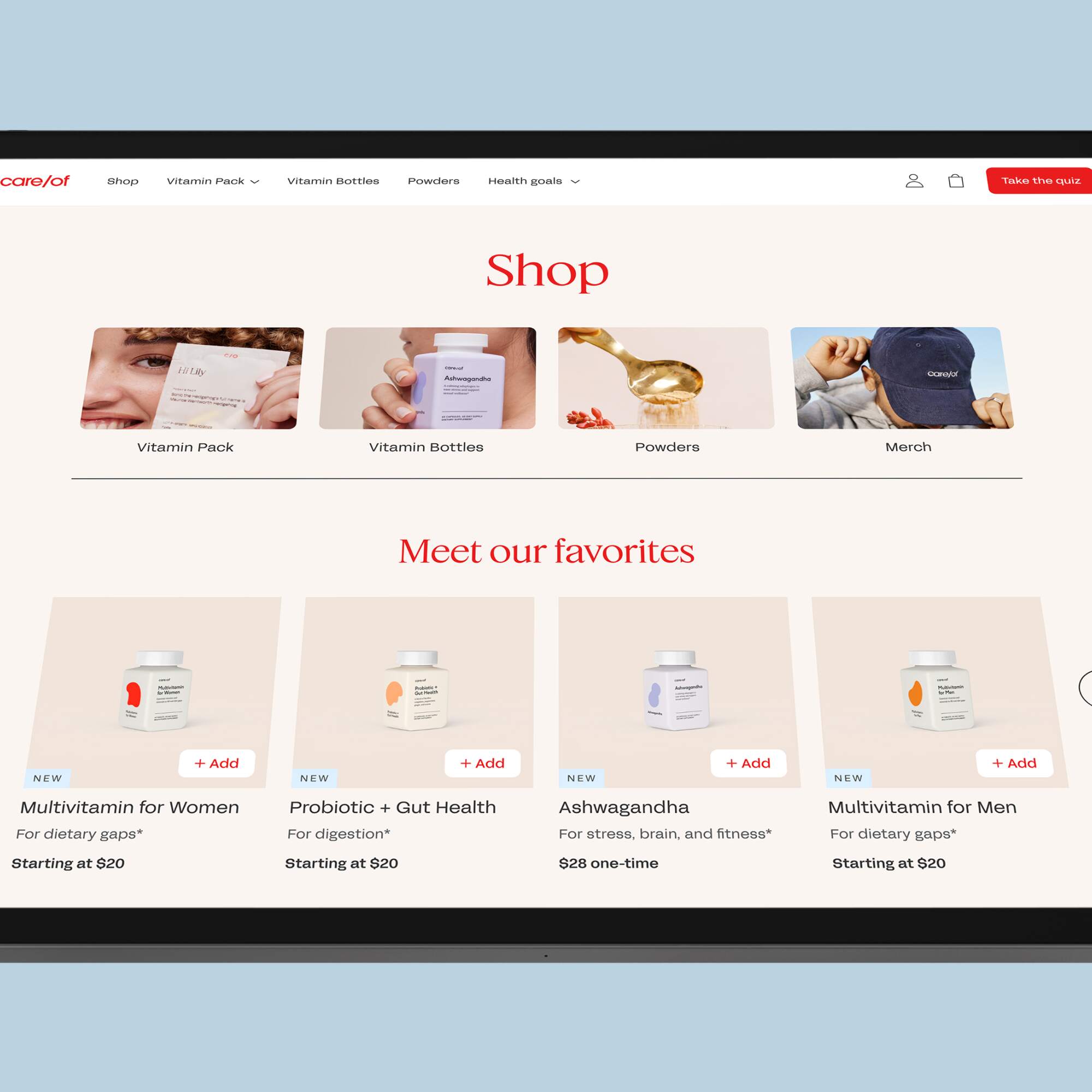 Tablet screen displaying the Care/of website shop section with product categories for vitamin packs, vitamin bottles, powders, and merchandise.