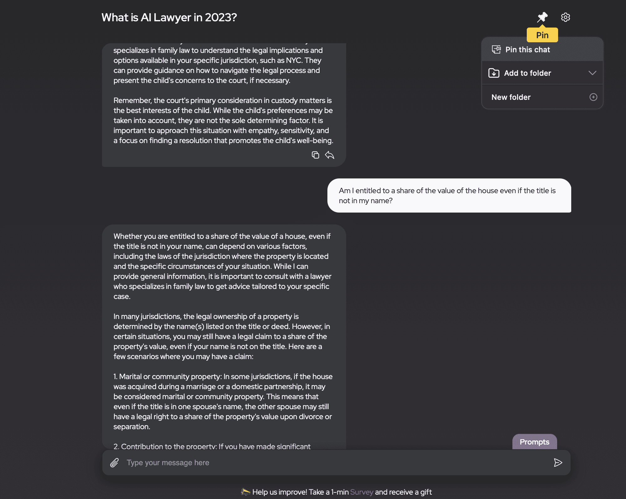 An image showing an AI chatbot conversation on property entitlement, with an overlay of chat management options such as 'Pin', 'Add to folder', and creating a 'New folder'