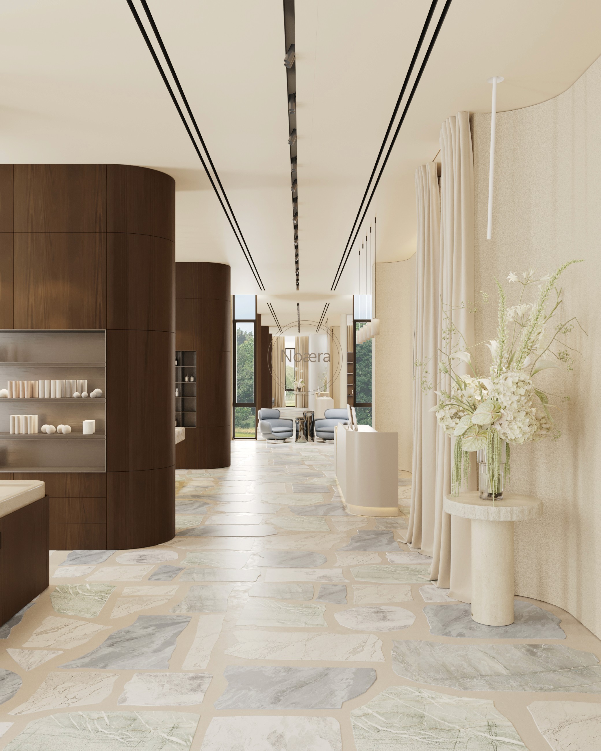 Modern retail space with wood accents, marble floor, and floral arrangement