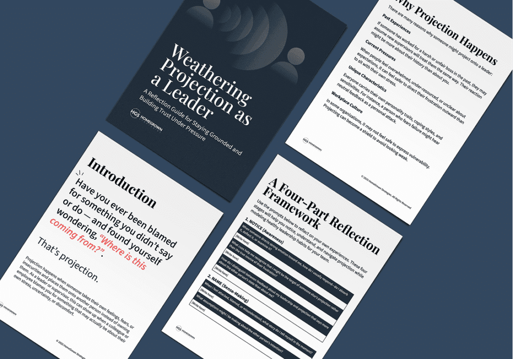 Sample pages from Weathering Projection as a Leader, including the four-part reflection framework.