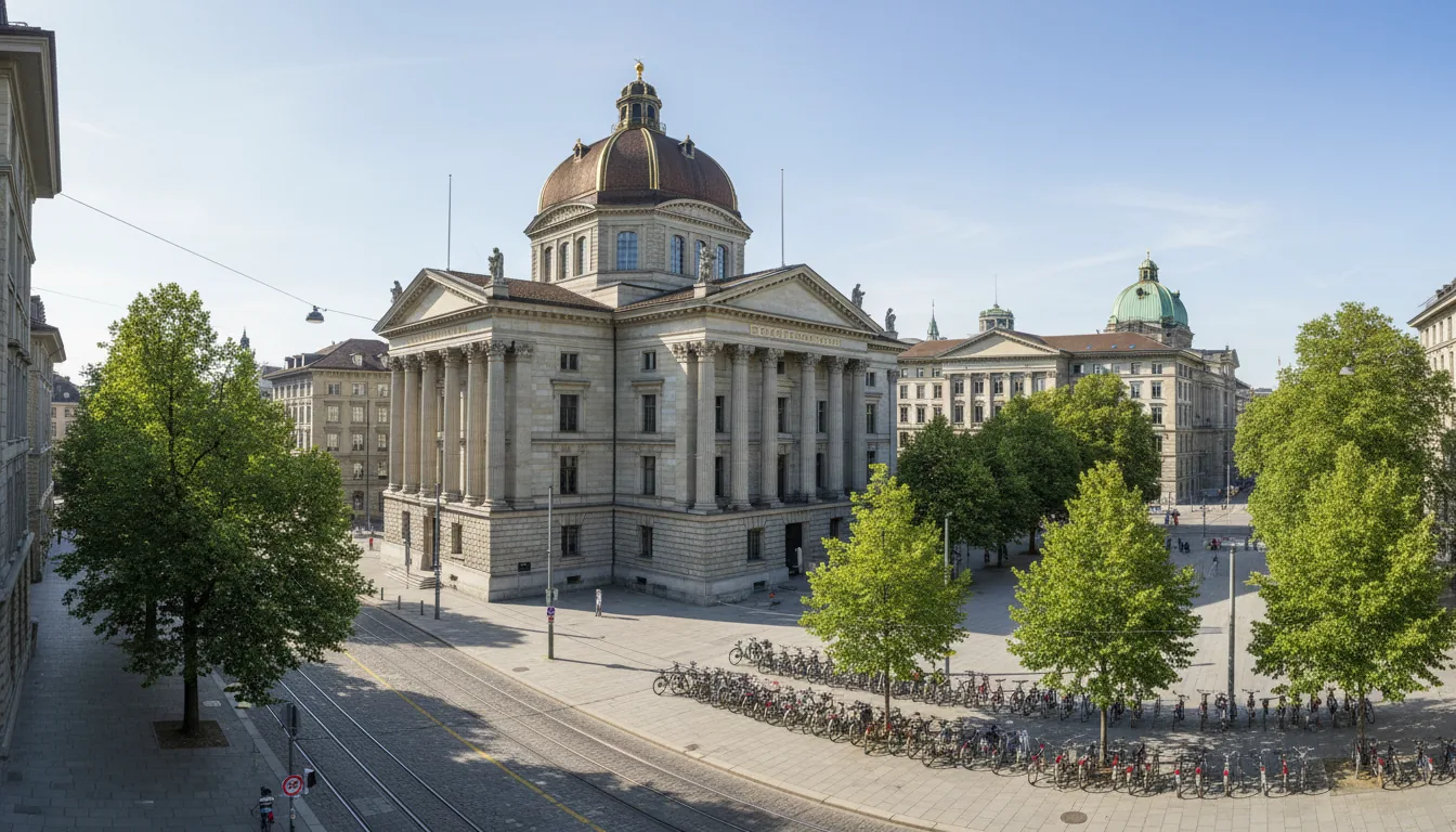 DSLR photography, wide-angle shot from an elevated viewpoint of the ETH Zurich main building, a grand neoclassical university with a prominent brown central dome and stone facade with large columns. The scene includes a wide street with tram tracks, a plaza, and neatly parked bicycles along a sidewalk lined with green trees. A second building with a green copper dome is visible in the background. The image is captured in crisp, natural daylight with soft shadows, under a pale blue sky. Sharp focus throughout the entire scene.