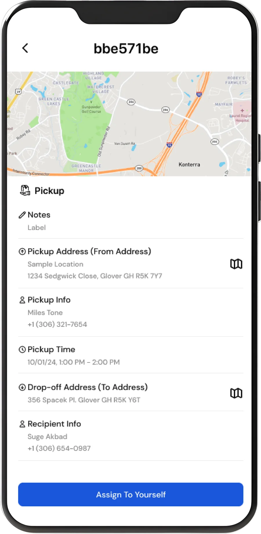 Order assignment detail with pickup, timing and recipient
