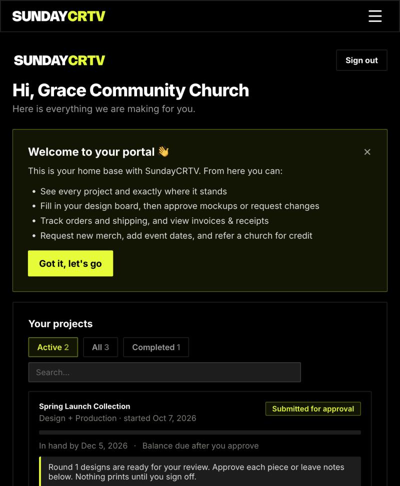 SundayCRTV client portal home