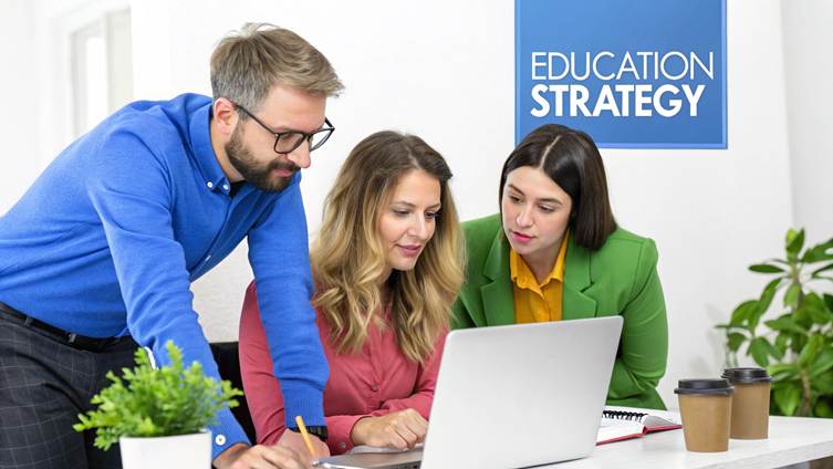 Three colleagues collaborate on an education strategy using a laptop in a modern office.