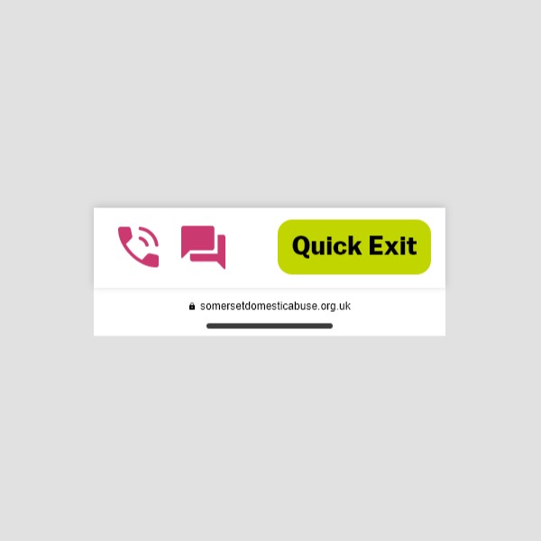 The sticky footer contains icons for call us and chat with us, as well as the quick exit button.