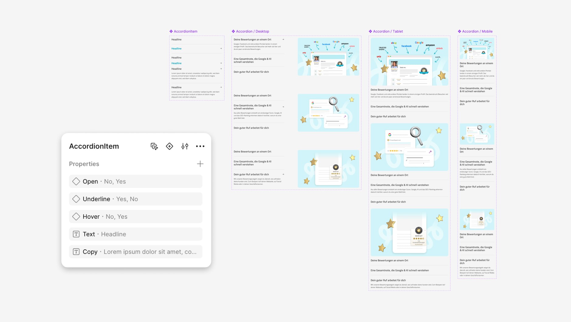 Figma "AccordionItem" component with properties panel alongside FAQ variants for desktop, tablet, and mobile.