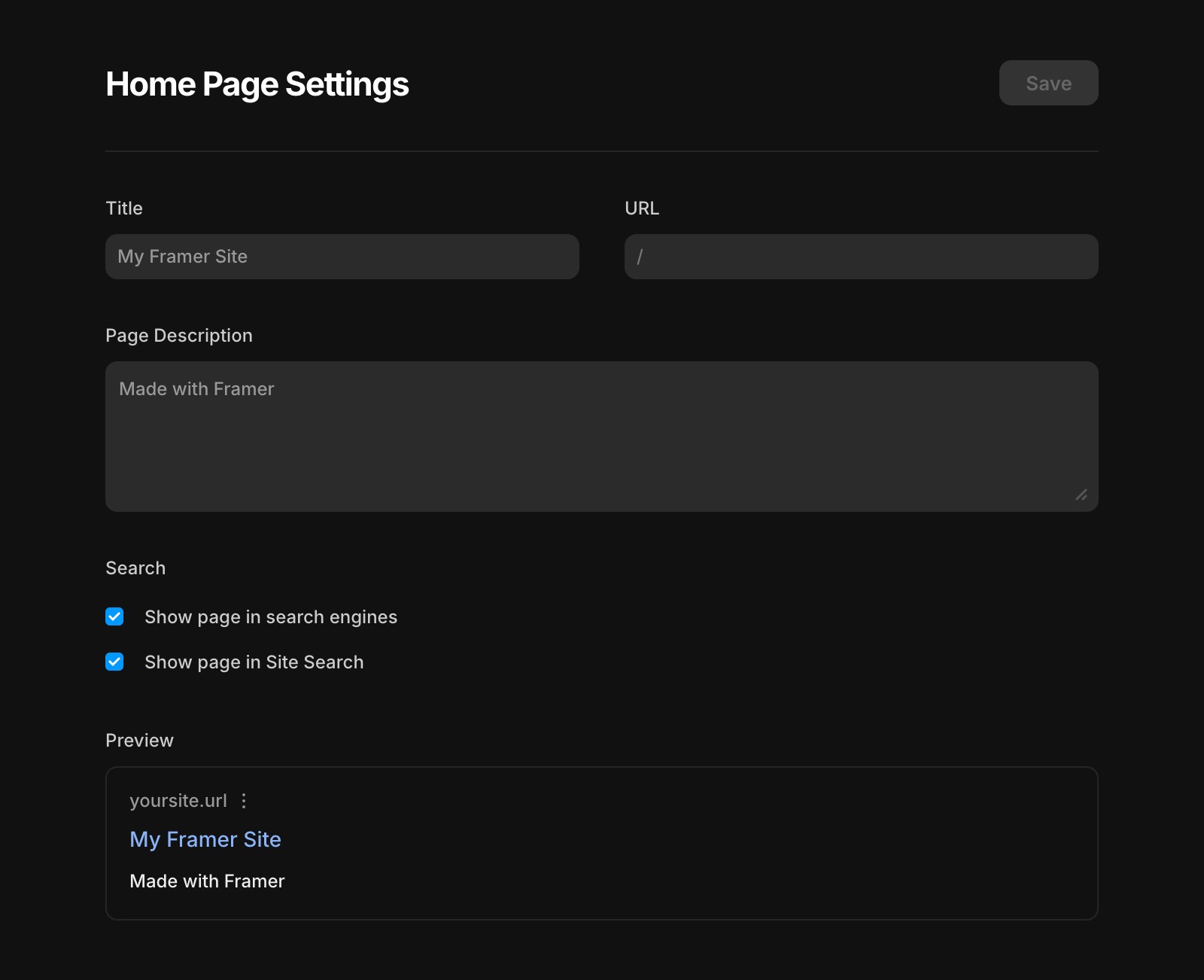 UI showing home page settings of a Framer project, including page title, language and site description, and two options to show the page to search engines and show the page in site search