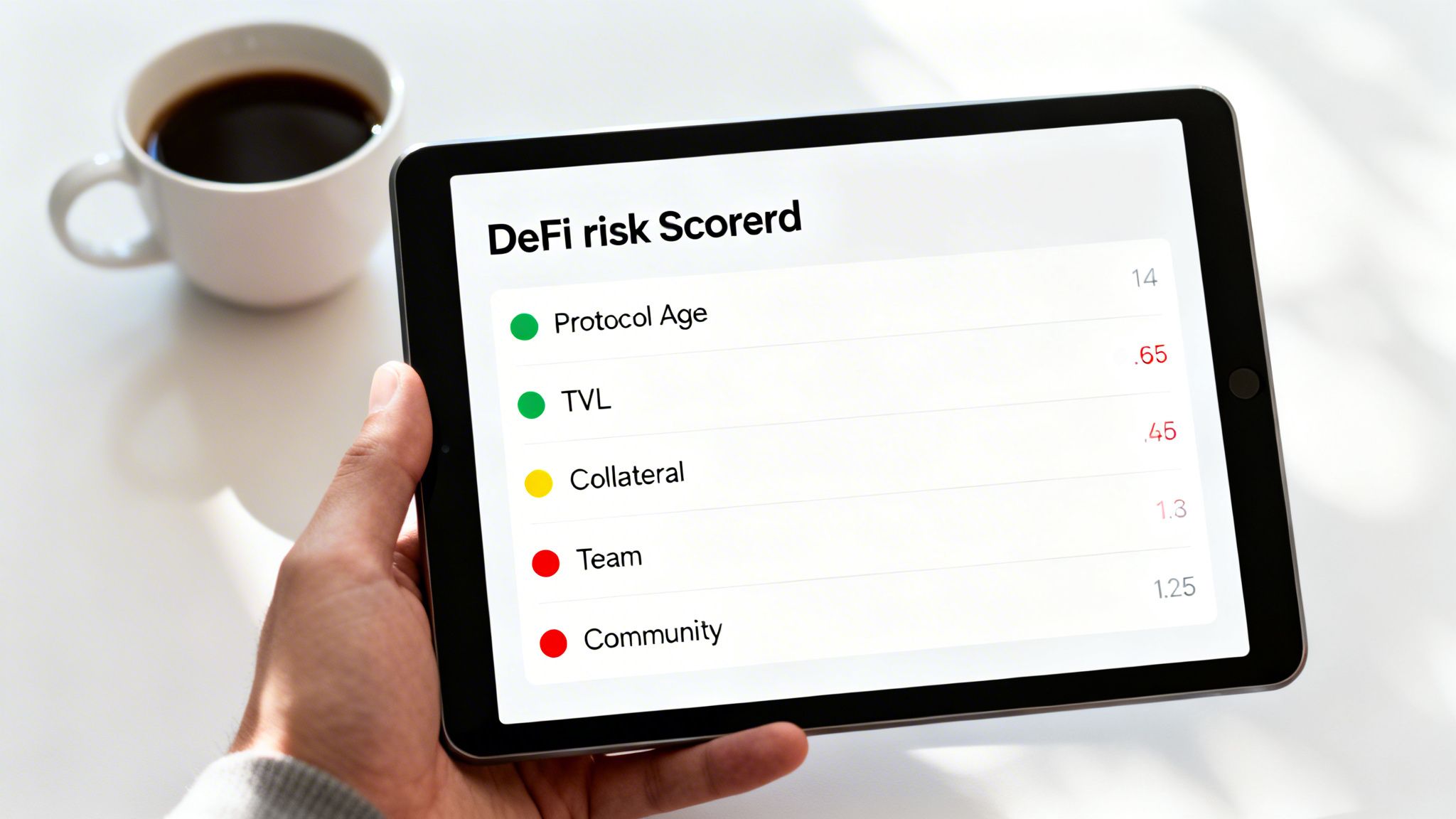 A hand holds a tablet displaying a DeFi risk score dashboard with protocol age, TVL, collateral, team, and community metrics.