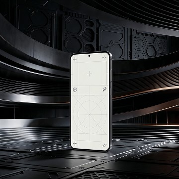 Smartphone mockup standing in a futuristic metallic environment with layered surfaces and subtle reflections.