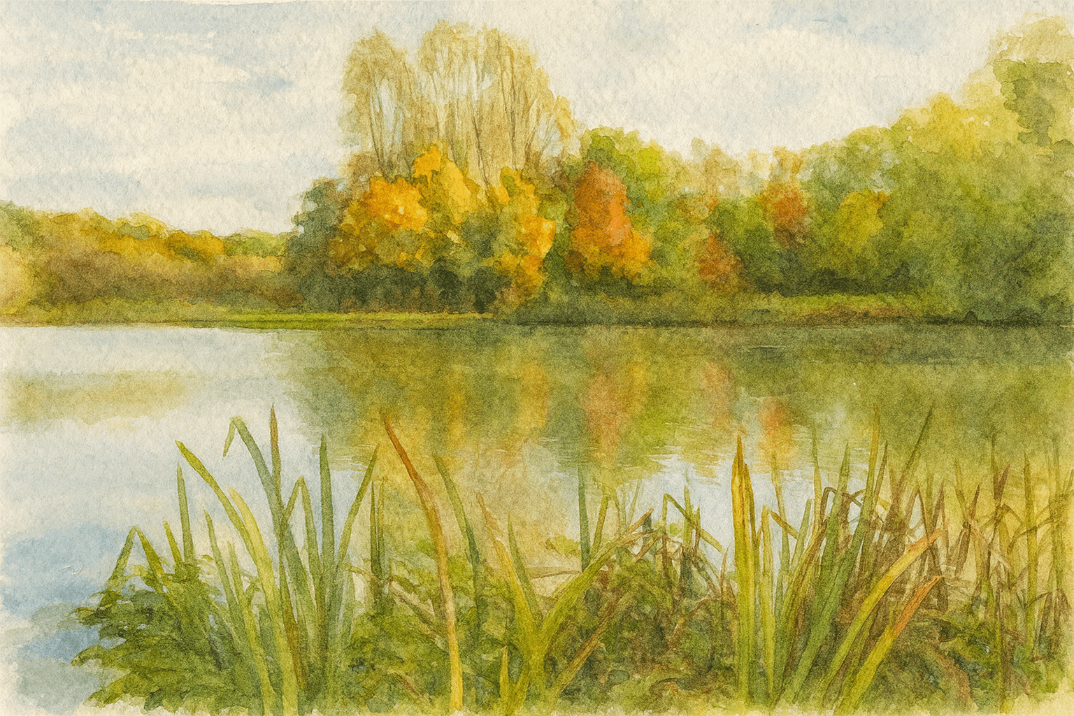 View across lake with reeds in foreground in a water colour style