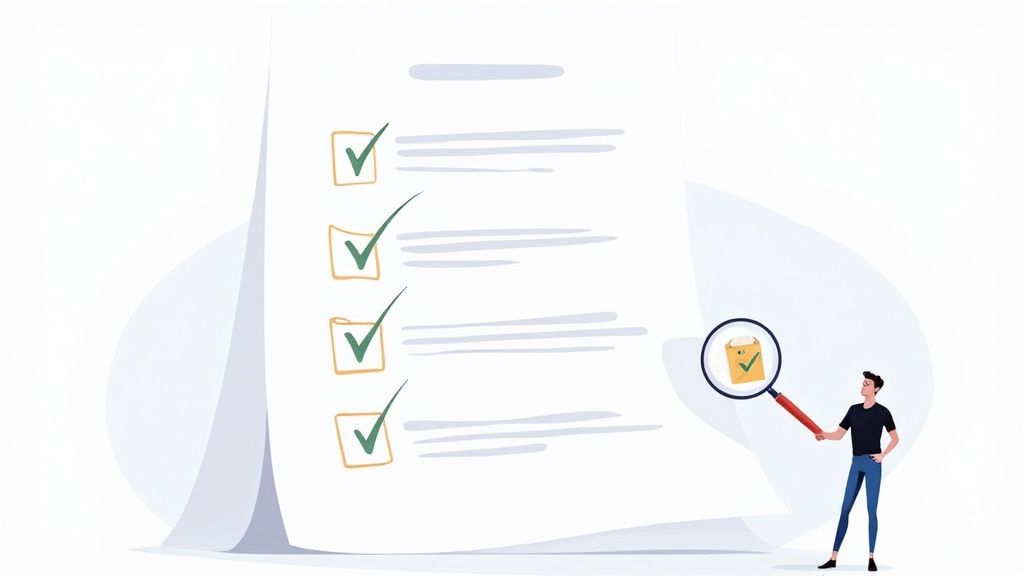 Person examining checklist with magnifying glass representing thorough evaluation and assessment process