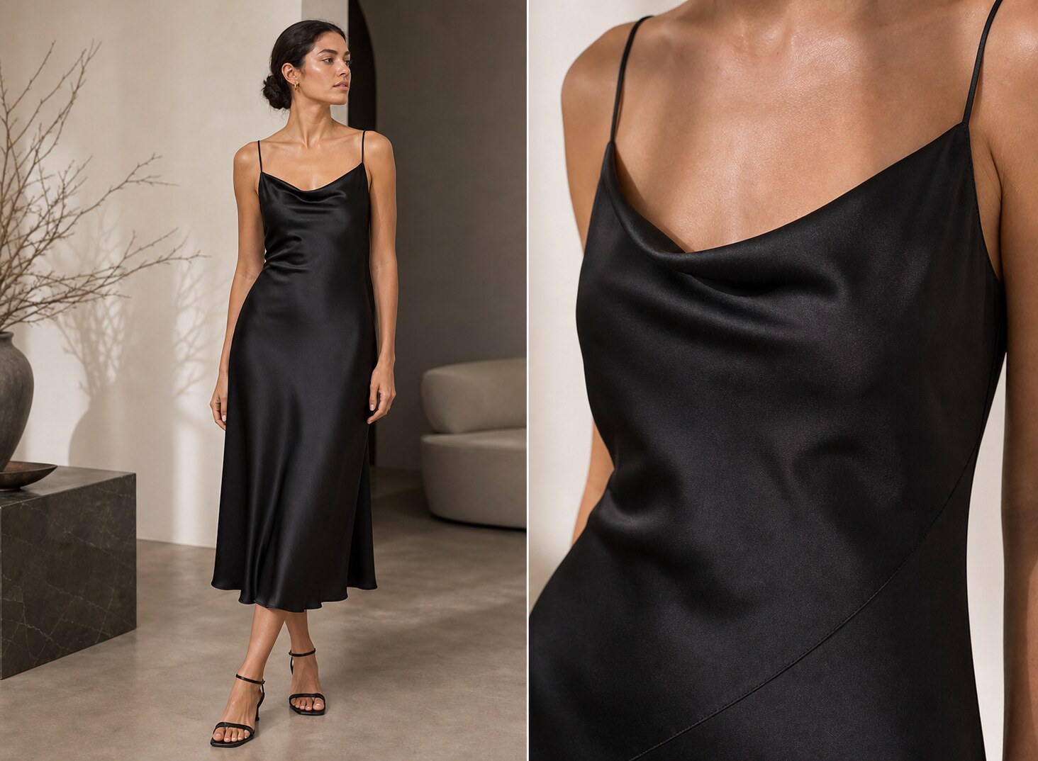 Black satin midi dress shown in a polished on-model PDP and detail image.
