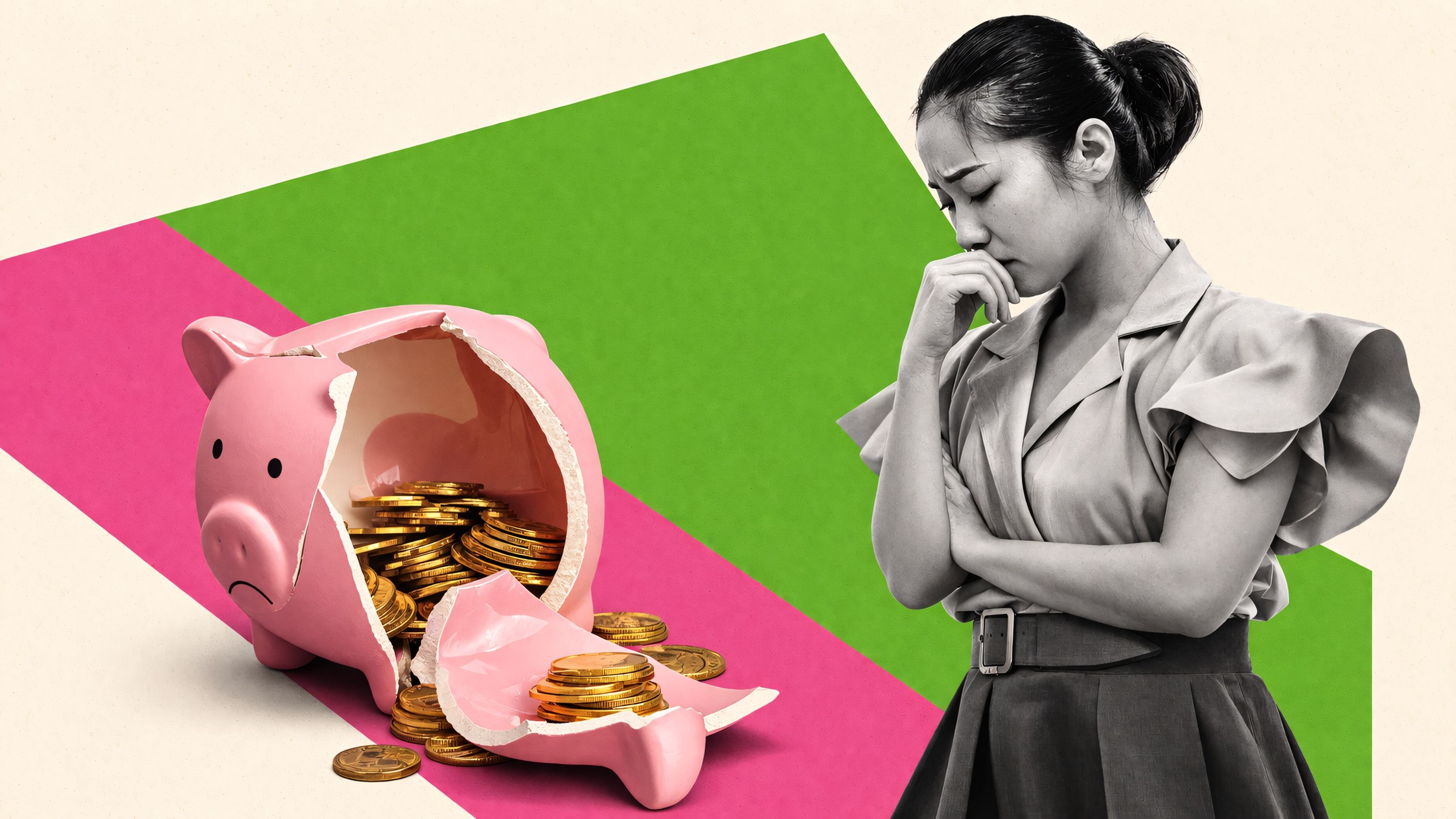 Thoughtful interior designer in black and white holds her head in regret beside a broken pink piggy bank spilling coins, set against bold green and pink geometric shapes on a warm cream background, symbolizing financial loss and hidden costs.