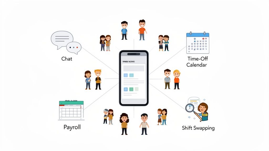 A smartphone centralizes employee management functions like chat, payroll, time-off, and shift swapping for teams.