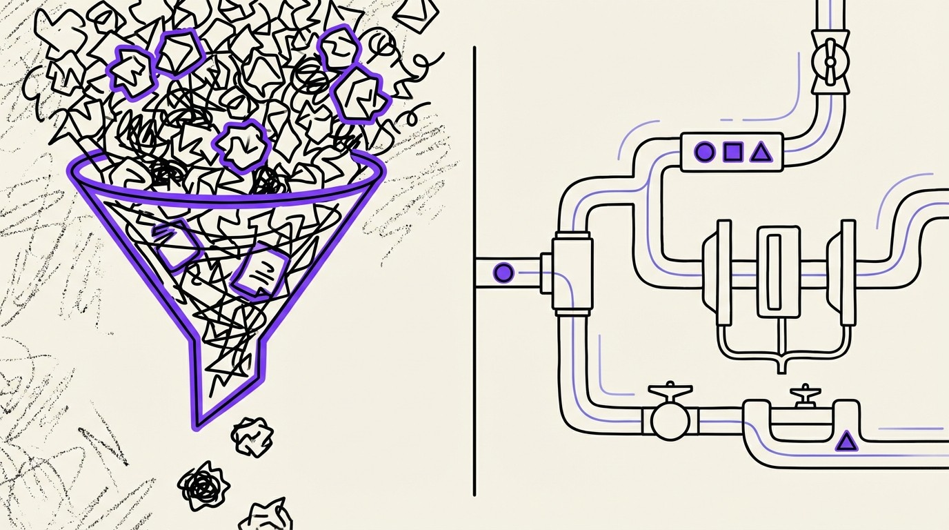 A comparison illustration showing a chaotic, clogged funnel of papers on the left versus a clean, streamlined pipe system on the right.