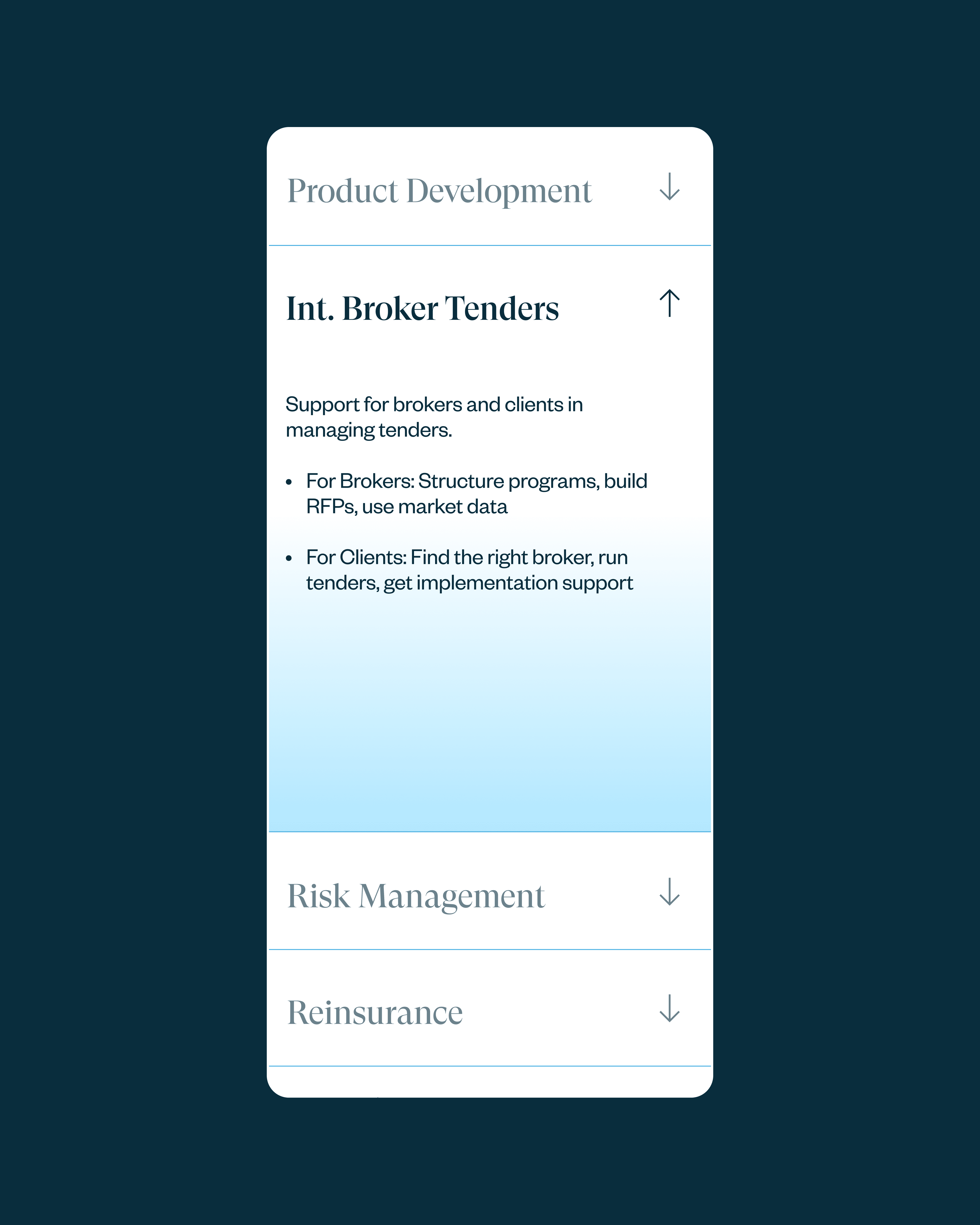 Mobile screen showing a UnisonSteadfast services accordion, with "Int. Broker Tenders" expanded on a light blue background, and Product Development, Risk Management, and Reinsurance collapsed below.