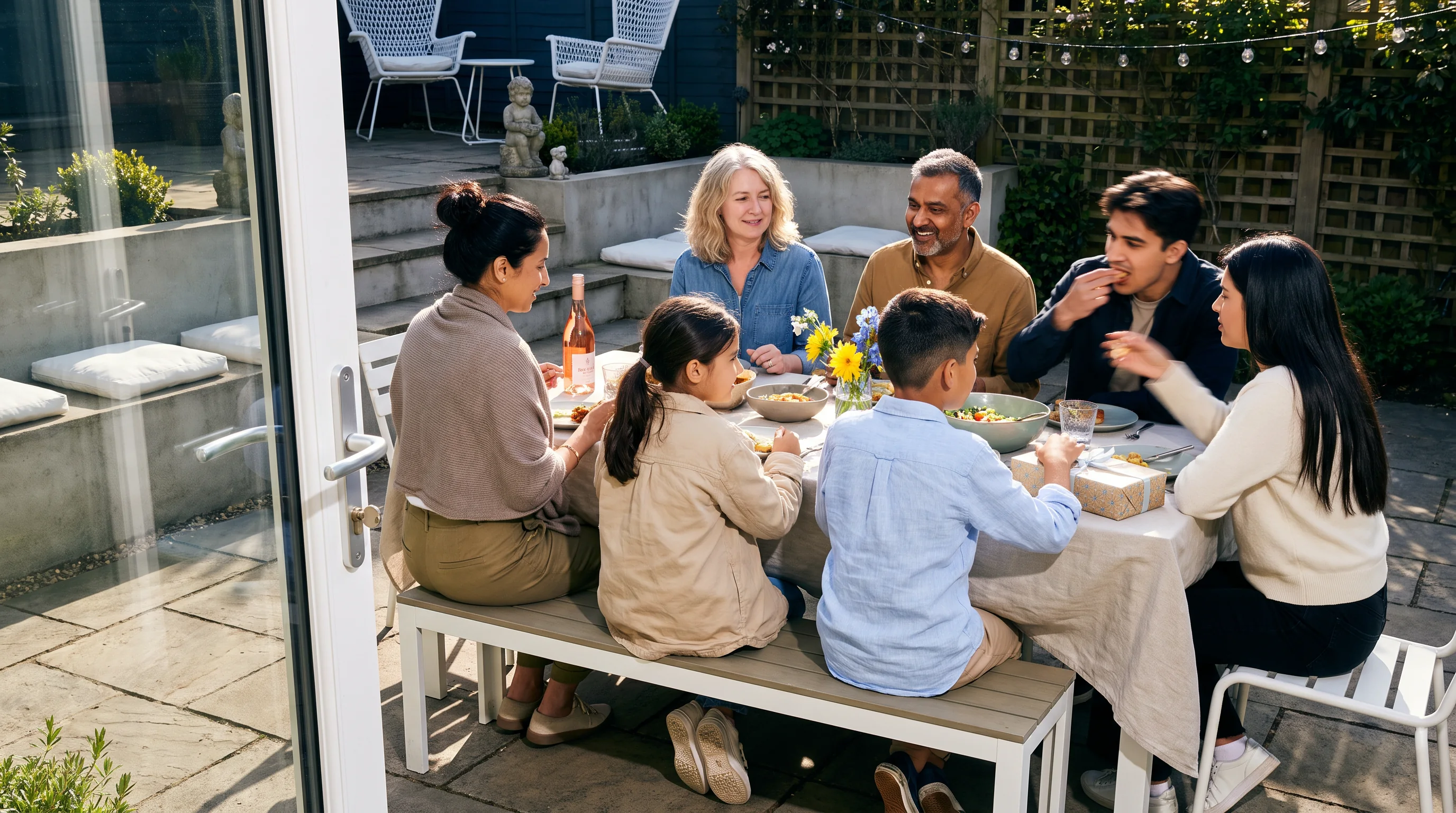A family sharing dinner together on a patio