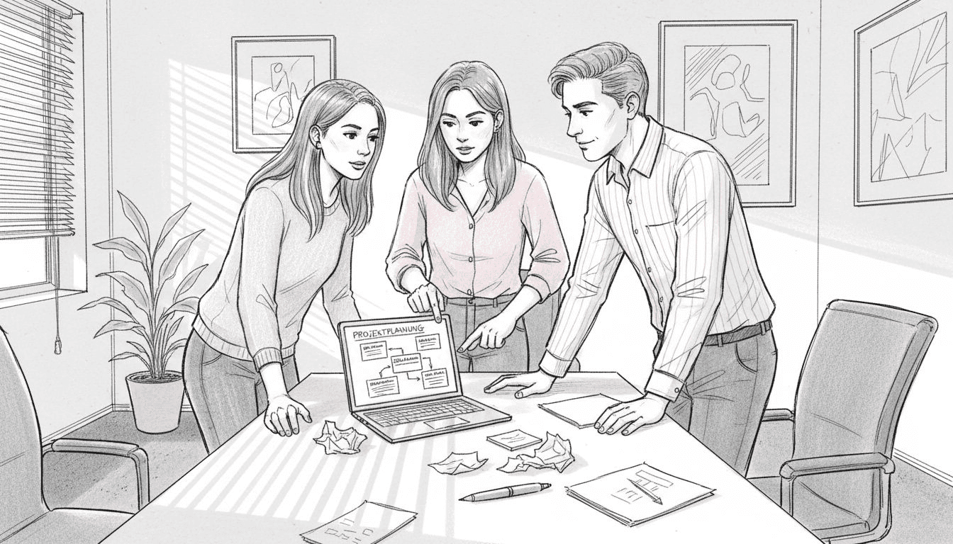 Ein kleines Team tauscht sich über den Einsatz von KI im Büro aus.