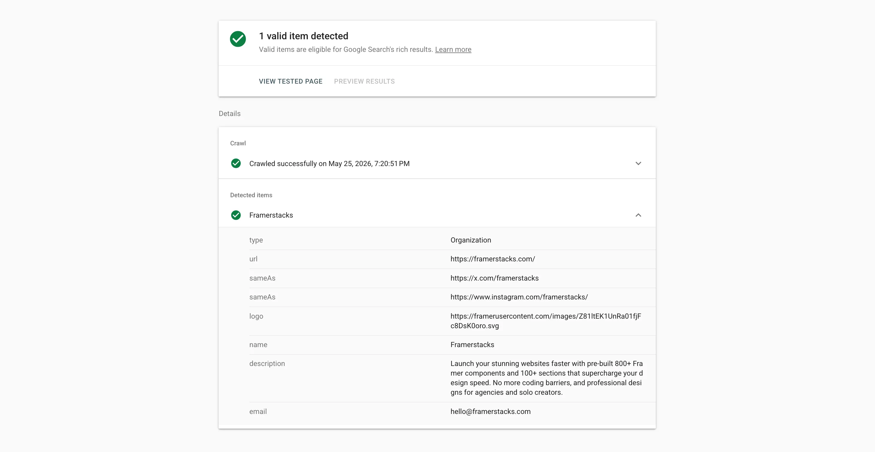 Google rich result test preview.
