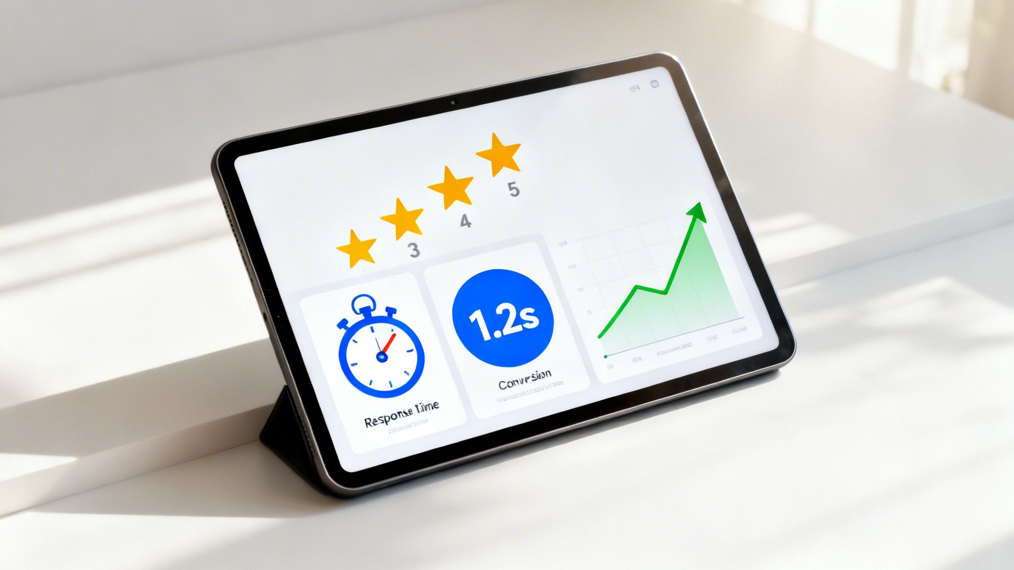 A digital tablet displays a reputation management dashboard with stars, response time, conversion, and growth graph.