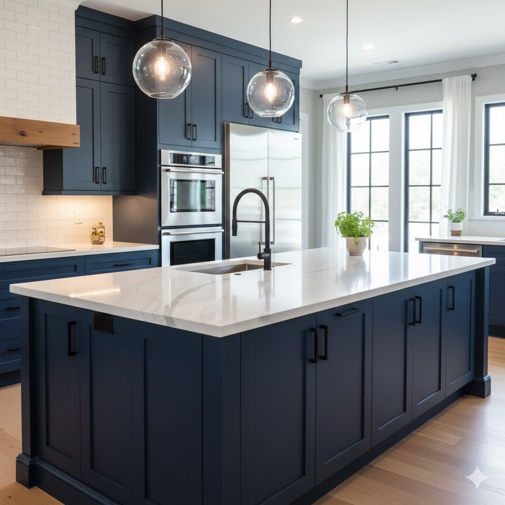 A commercial kitchen with hanging lights and dark blue cabinets.
