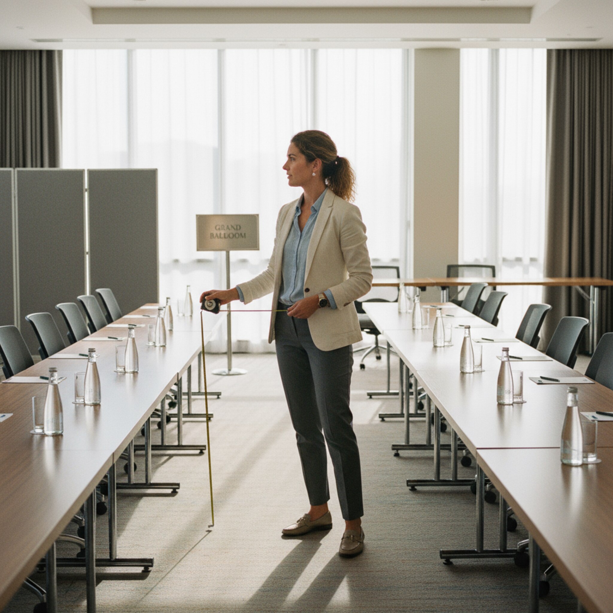 Ein Veranstaltungsleiter misst den Abstand zwischen Tischreihen in einem hellen Konferenzraum. Sonnenlicht fällt auf sorgfältig platzierte Stühle und Wasserflaschen. Mobile Trennwände stehen bereit, um den Raum zu verändern. Ein dezenter Saalname ist auf einem Schild am Eingang zu sehen.
