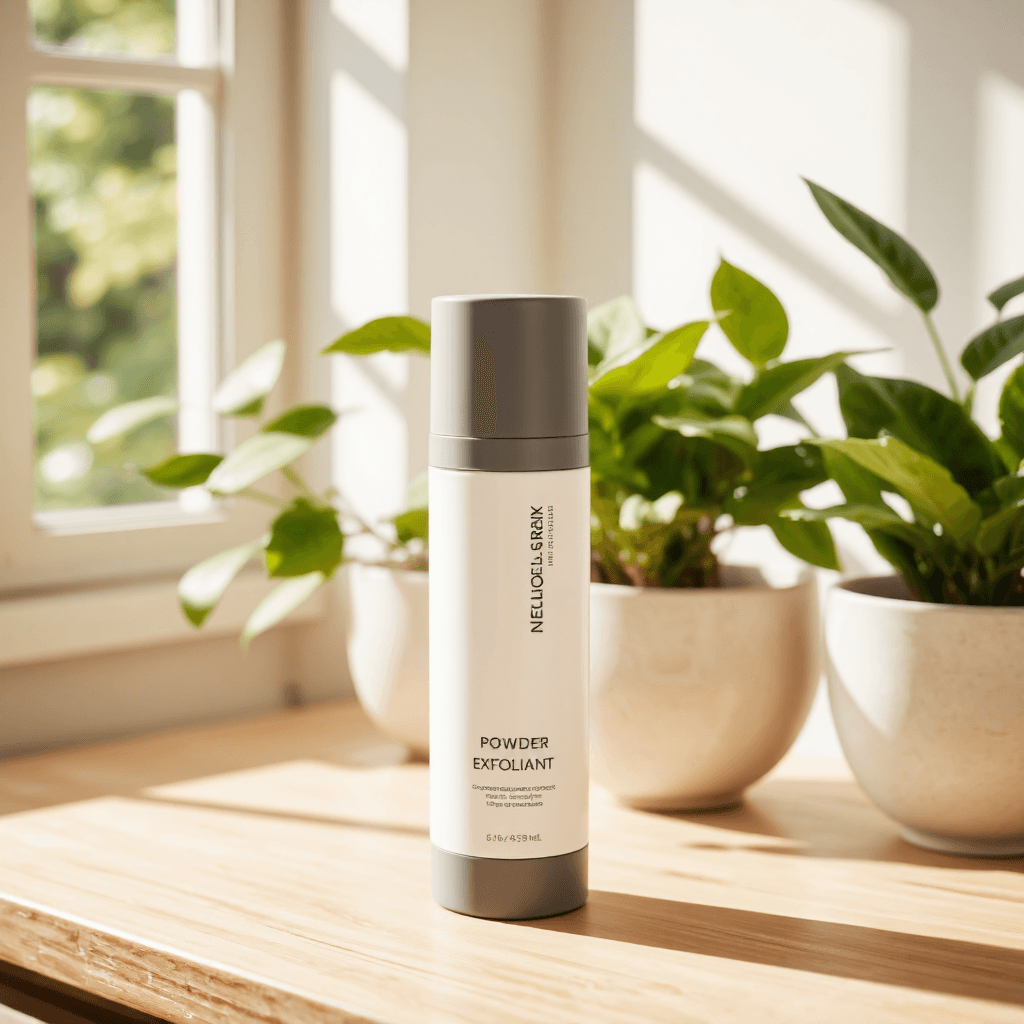 product photography of a bottle of powder exfoliant for skin brightening