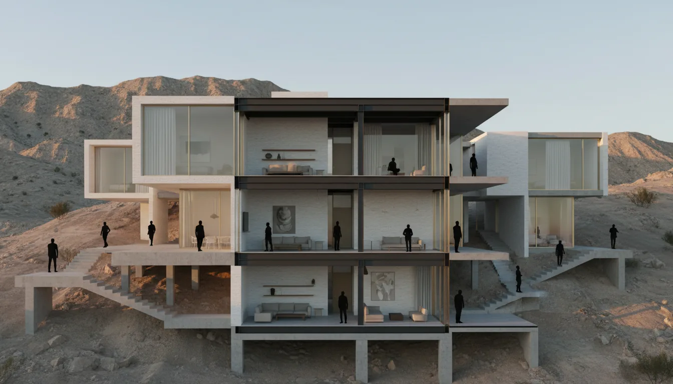 Architectural visualization render in the style of SketchUp with V-Ray, a highly detailed section perspective of a modern residential complex built into a rugged hillside. The buildings are composed of stacked, minimalist white brick and concrete volumes with large glass curtain walls. A clean cross-section cuts through the main building, revealing the steel frame structure, interior floors with minimalist furniture, and foundations. Black silhouettes of people are shown inside and outside on terraces and stairs. The scene is illuminated by warm, low-angled golden hour sunlight, creating soft, long shadows. In the background are dry, rocky mountains under a clear blue sky. Photorealistic, soft global illumination.