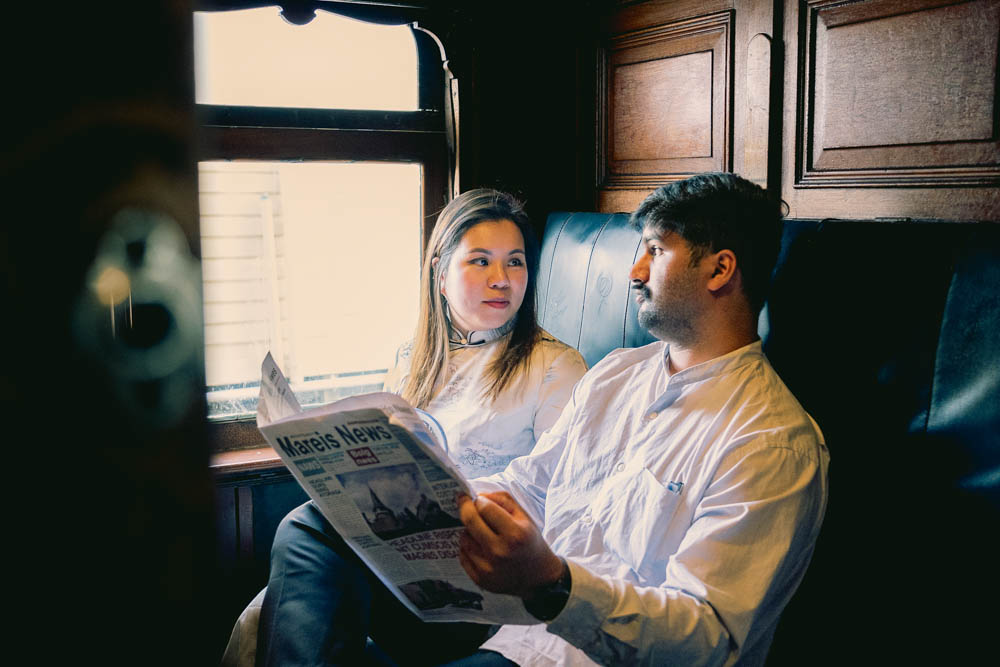 Bianca & Erle’s vintage-inspired photoshoot at Bassendean Train Yard, captured by To Love Studio with nostalgic charm and playful energy.