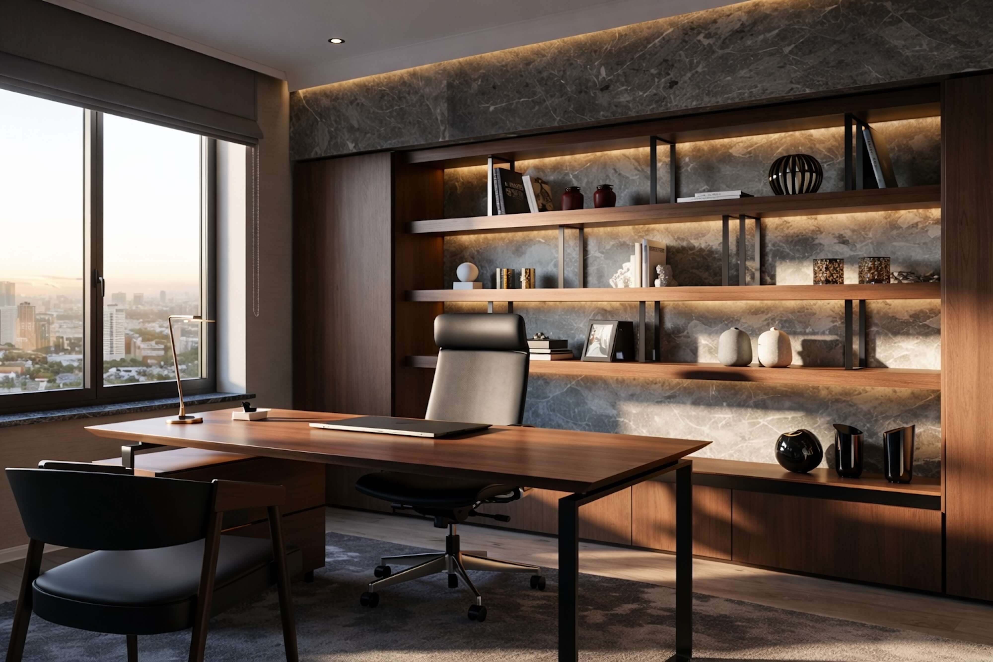Modern luxury home office with marble wall, floating shelves, and wood desk