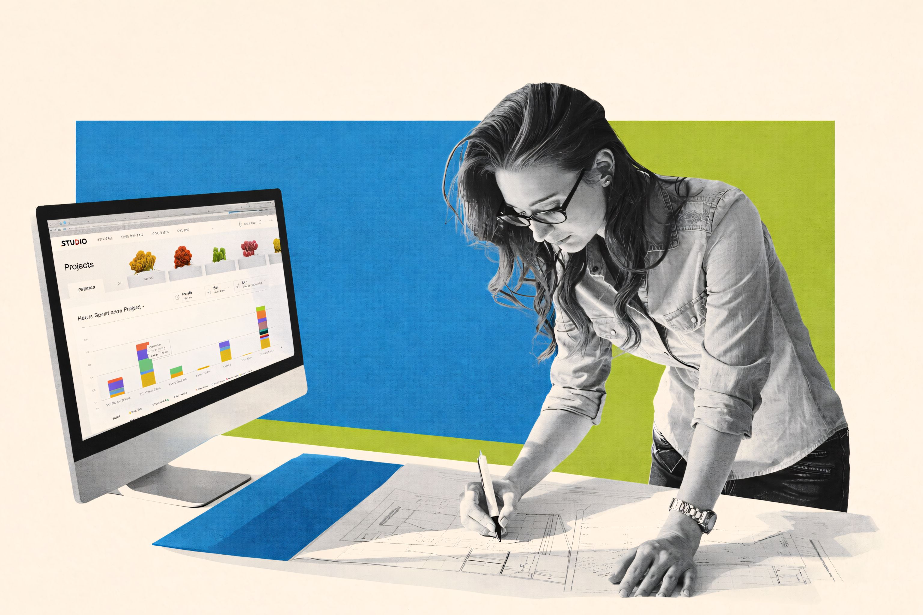 Hospitality designer reviewing plans with project management dashboard on screen, illustrating key features of hotel specification and project management software
