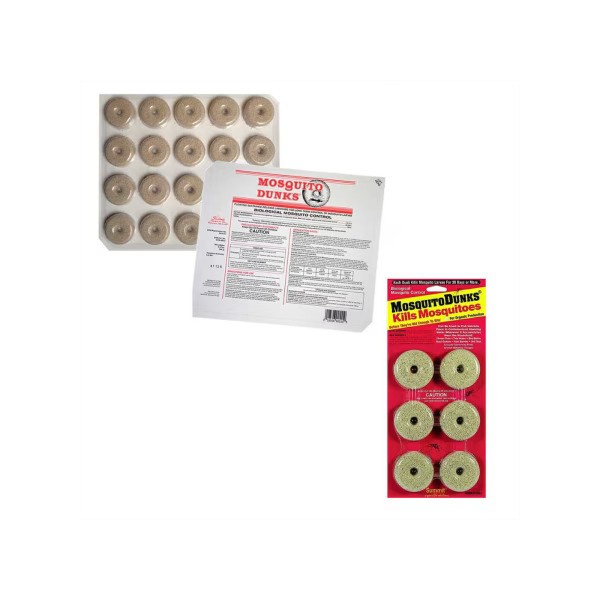 Mosquito Dunks A collage featuring a sheet of stickers and a pack, with an instruction sheet visible in the background.