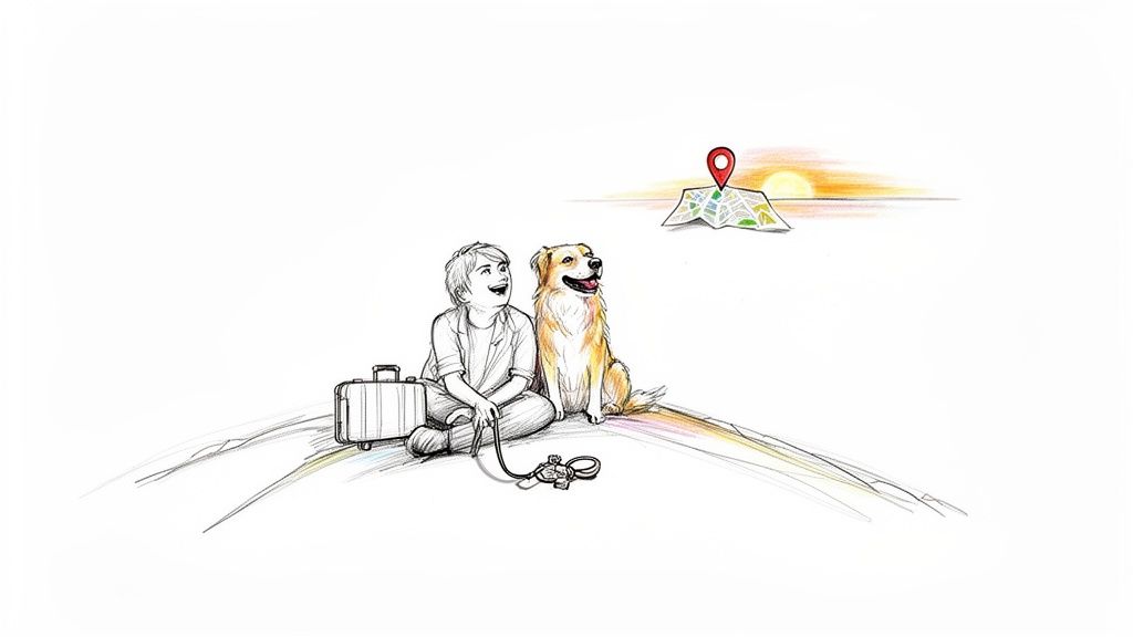 A happy boy and his golden retriever sit with a suitcase, looking at a travel map.
