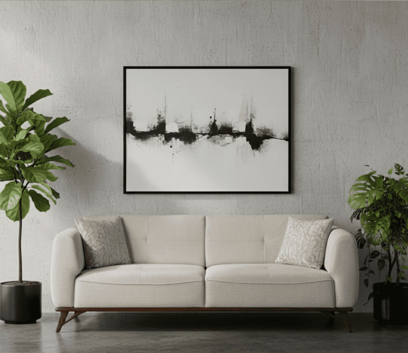 Modern three‑seater sofa with soft upholstery and clean-lined wooden base