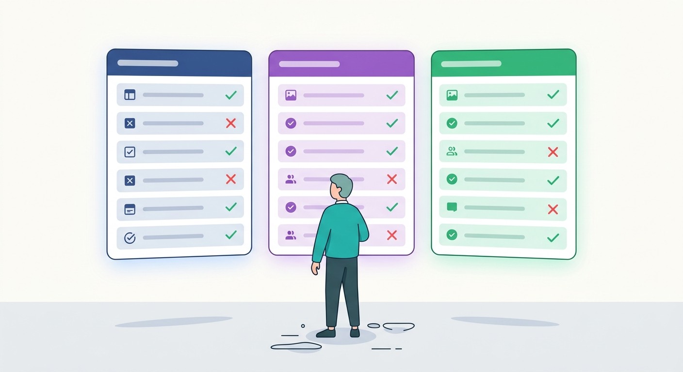 Person evaluating app builder platforms on floating comparison panels