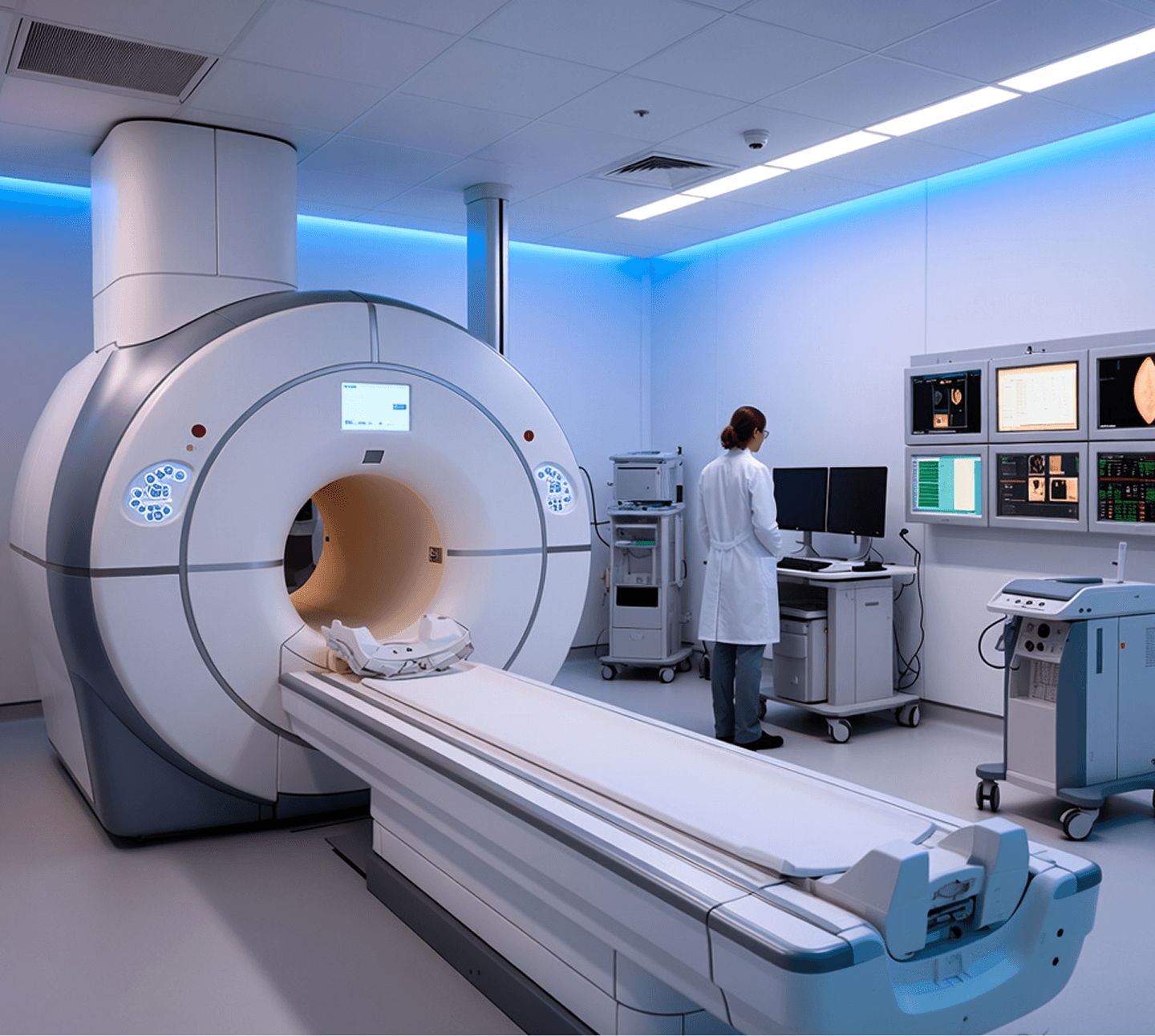 MRI machine and technician in a clean, modern medical room.