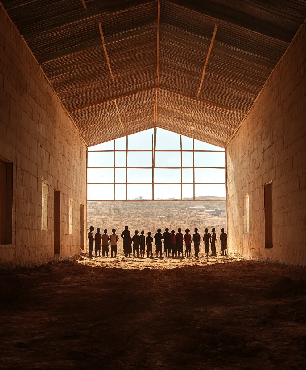 Image of group of children inside a school under construction