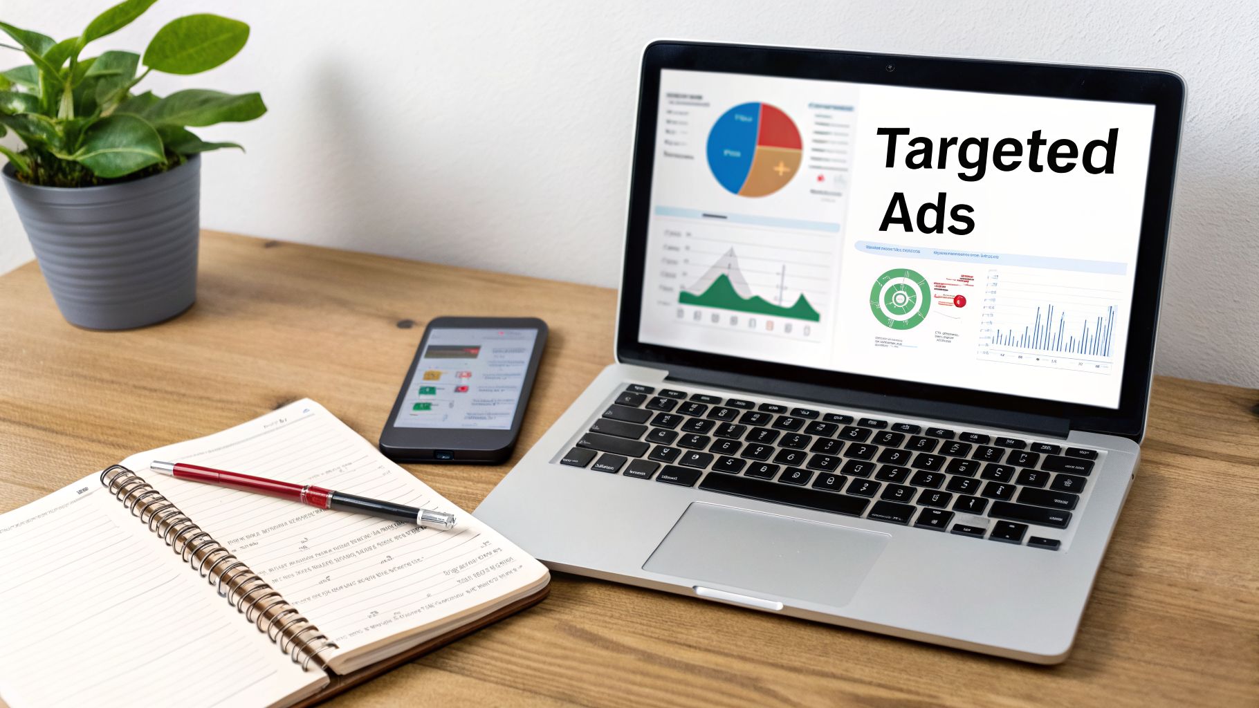 A laptop displaying 'Targeted Ads' and marketing data, a smartphone, and a notebook on a wooden desk.