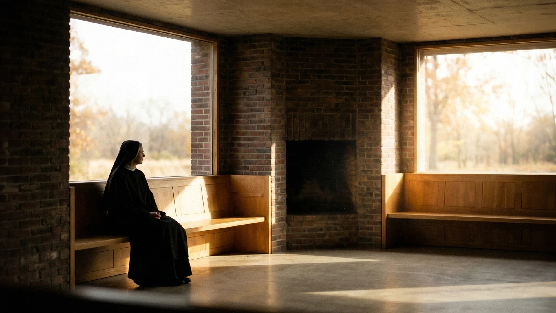 Dark interior with silhouetted figure and dramatic side light — Dominican Motherhouse I visualization
