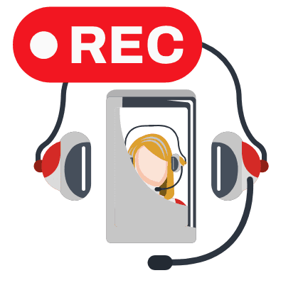 Headset with a phone and 'REC' icon representing the call recording feature.
