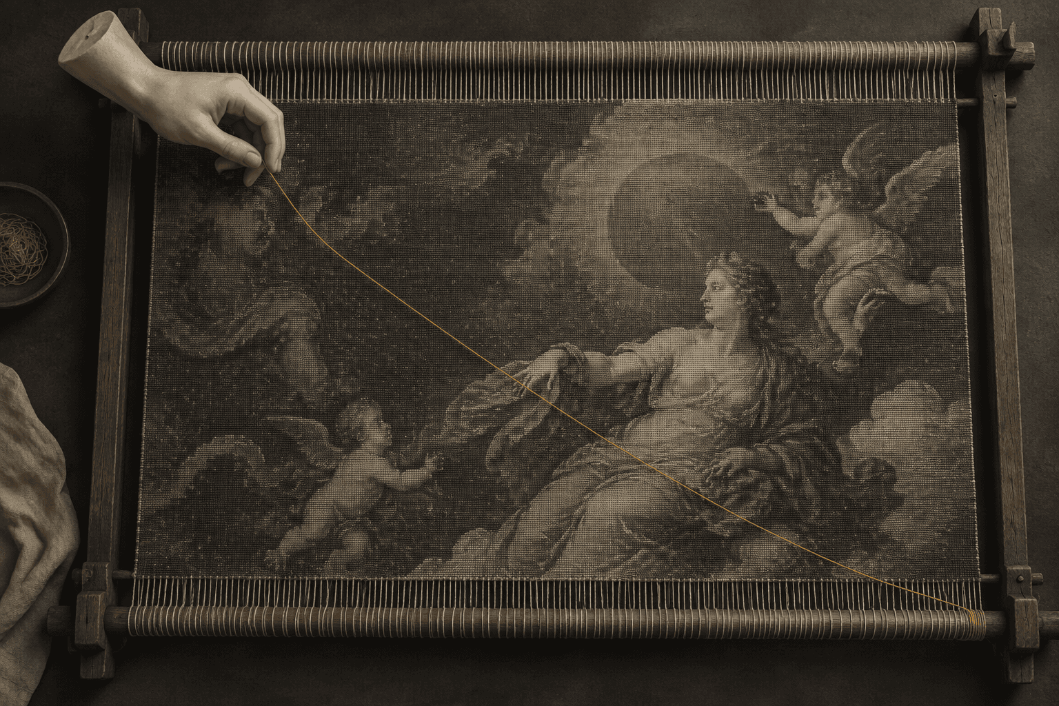 Fingertips of a marble hand lifting a single yellow thread cleanly out of a woven tapestry on a loom