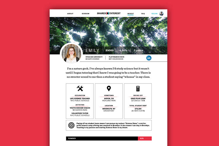 A screenshot of a LinkedIn profile page displays a profile picture of a woman named Emily, with text describing her as a nature geek who knew she'd study science before becoming a teacher. The page includes sections for occupation, activities, location, education, and funding, with corresponding icons and text. The background is red, and the page has a white header bar with navigation options.
