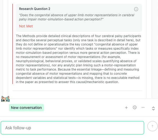 Screenshot of thesify Research Question Alignment check rated Not Met with an explanation of missing operationalisation and missing method-to-question linkage.