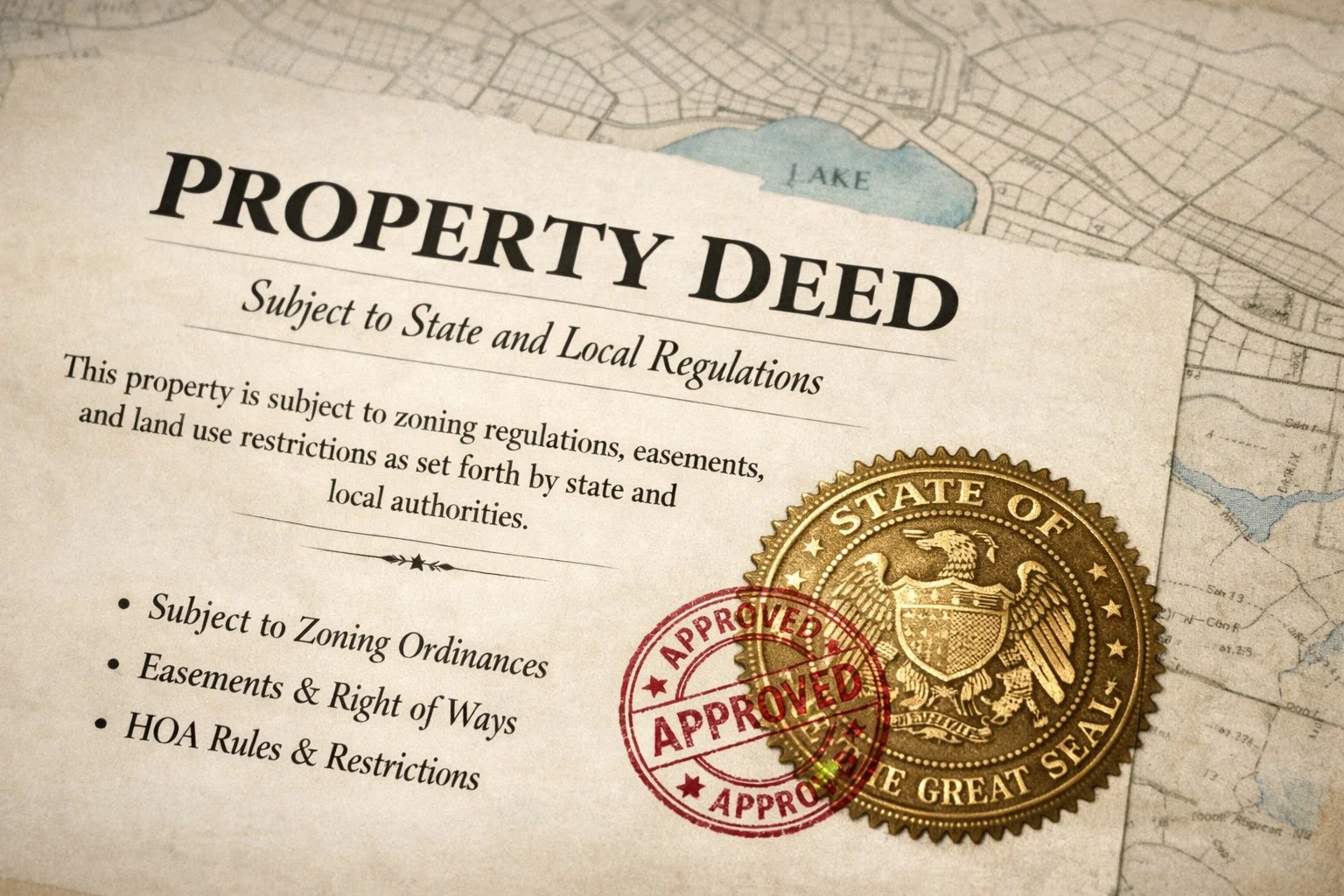 Close-up of a property deed stamped with a state seal, with the map faded in the background, highlighting location-based regulations.