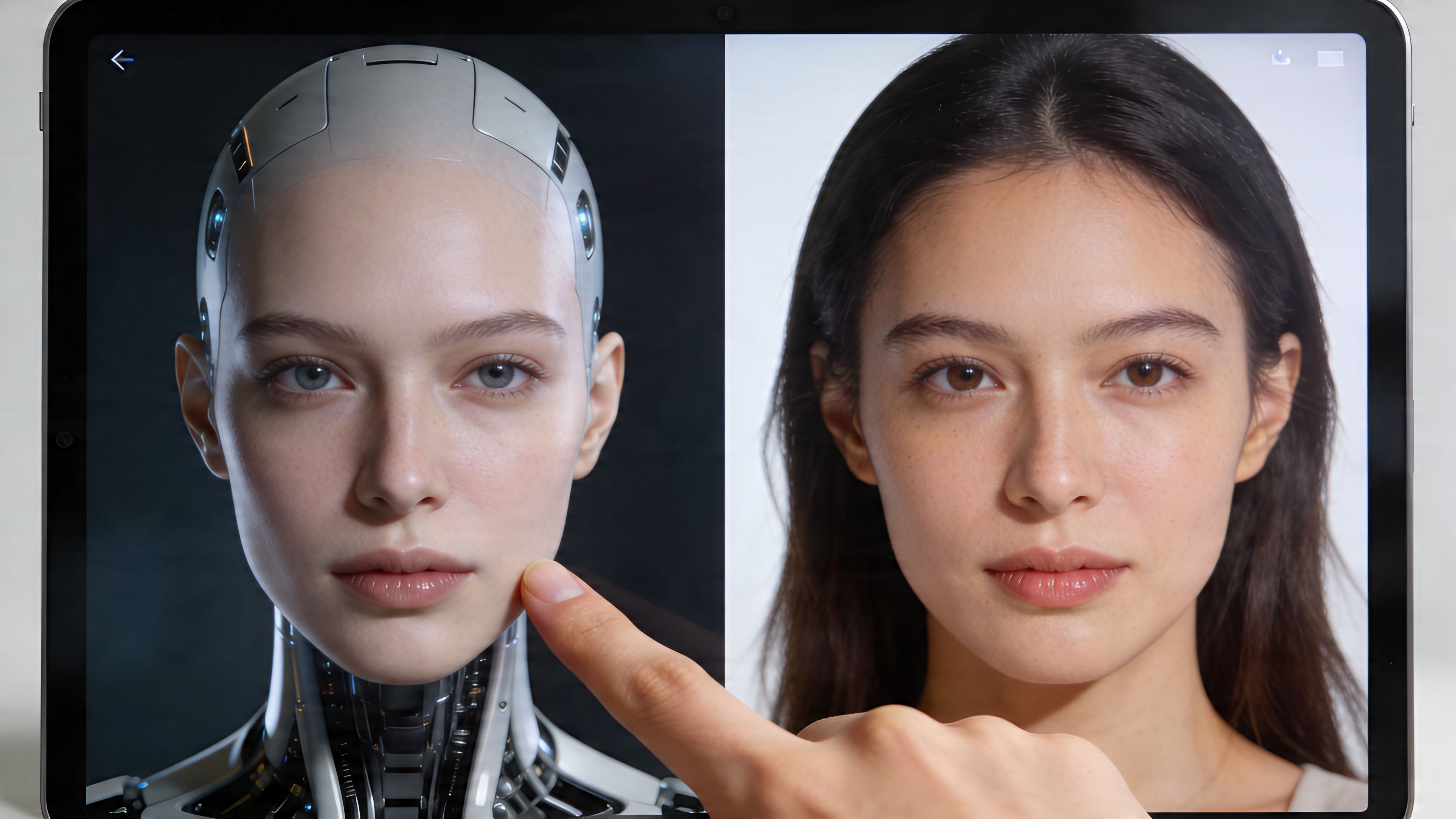Ein Finger berührt den Bildschirm, auf dem ein Vergleich zwischen einem Robotergesicht und einer menschlichen Frau zu sehen ist.