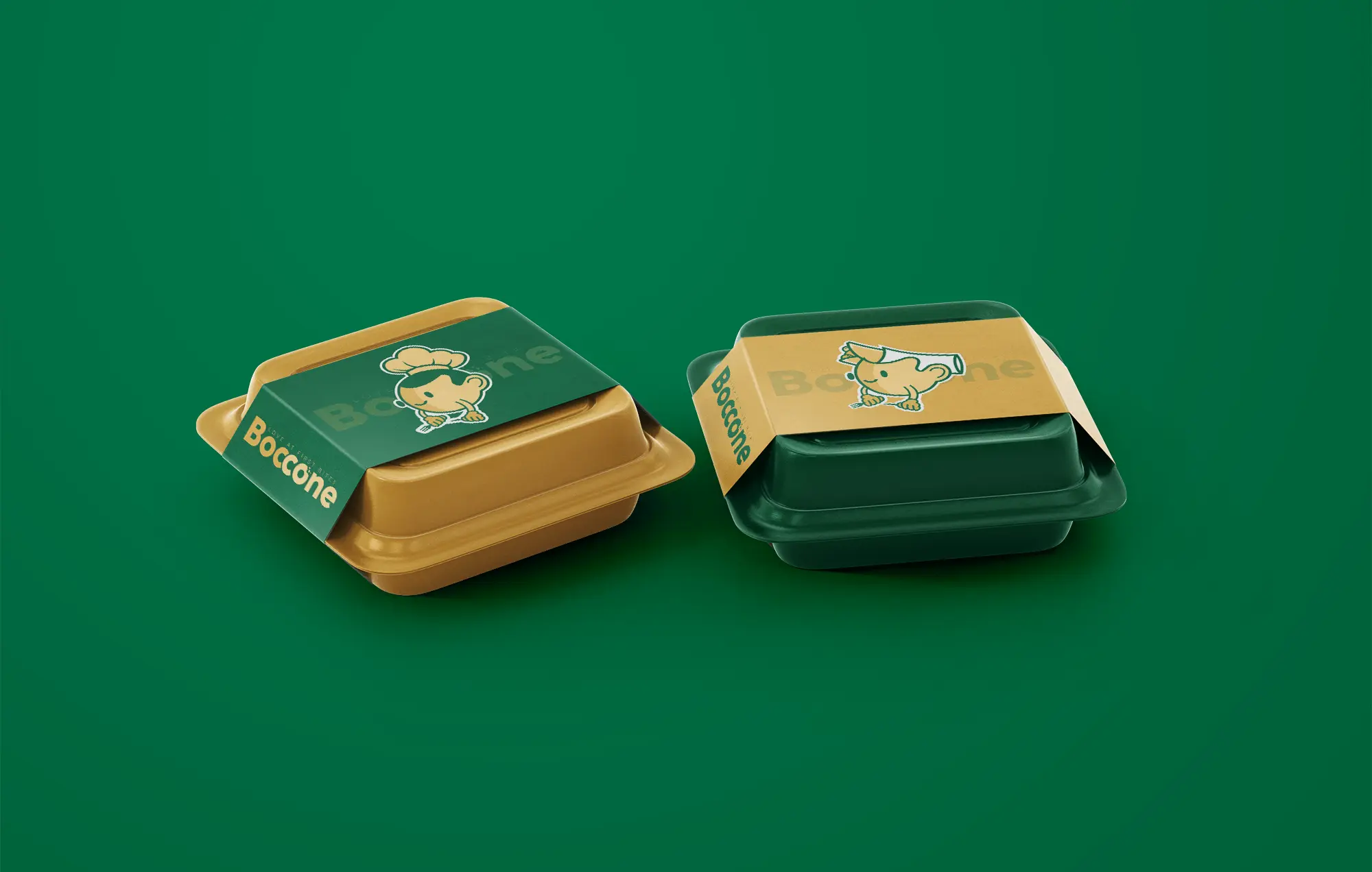 Boccone Café branded food containers in green and yellow, each wrapped with illustrated mascot labels on a matching green background.