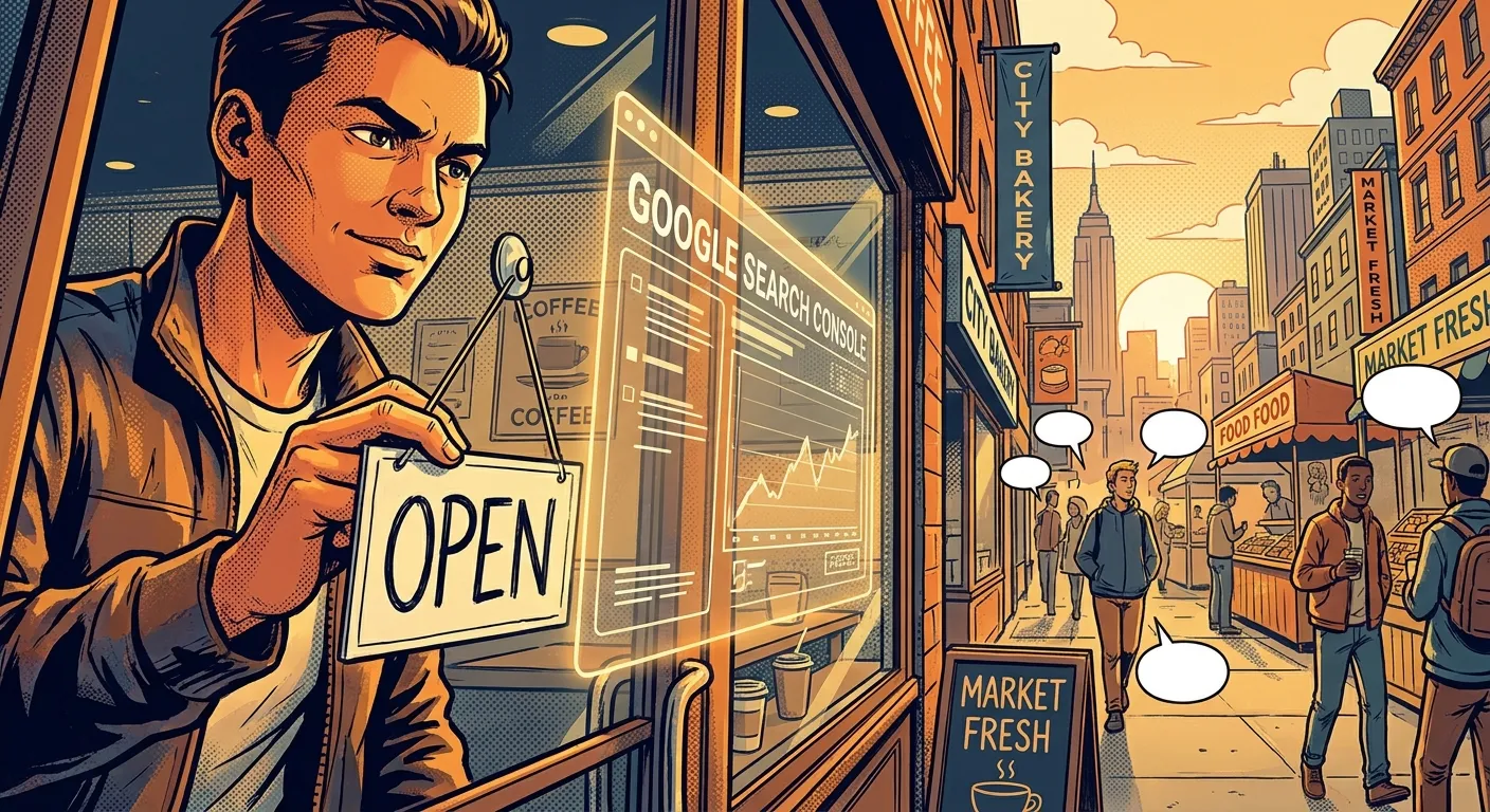 Man holding "Open" sign in urban street, symbolizing digital marketing growth.